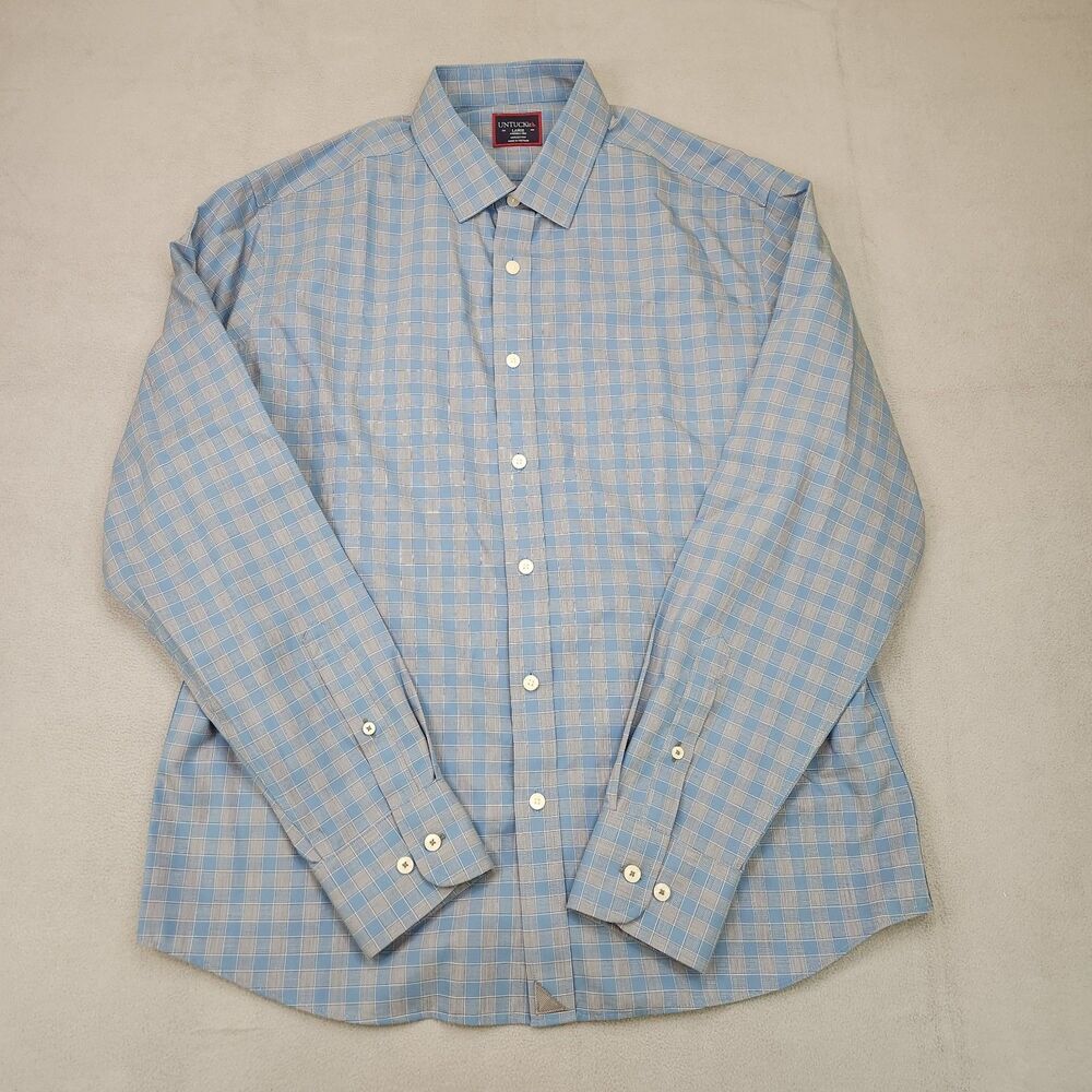 UNTUCKit Button Up Shirt Mens L Blue Plaid Check Long Sleeve Wrinkle Free Cotton